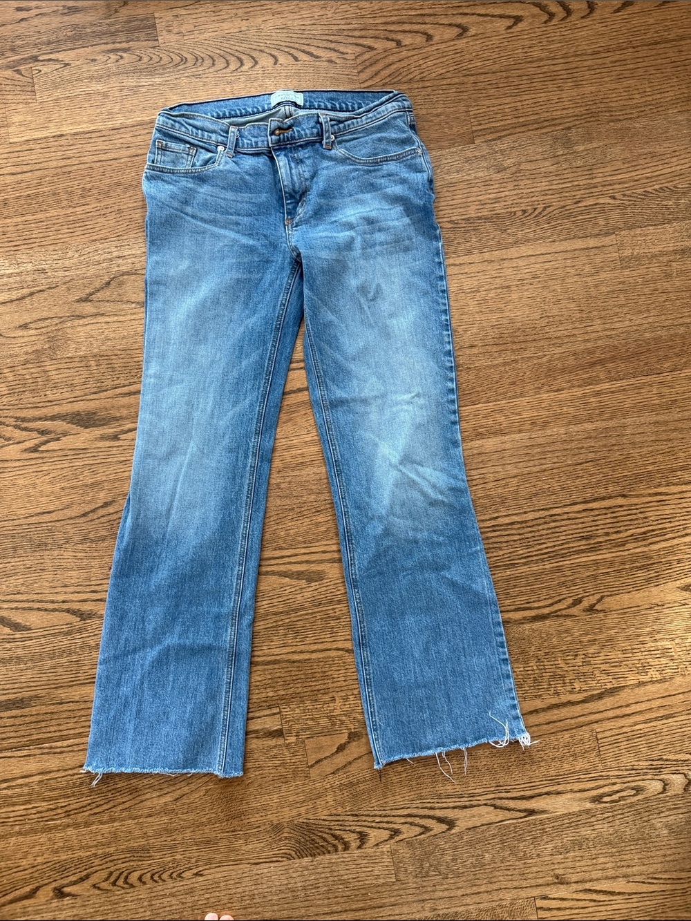 REVICE Medium Blue Wide-Leg Jeans with Raw Hem heart pockets
